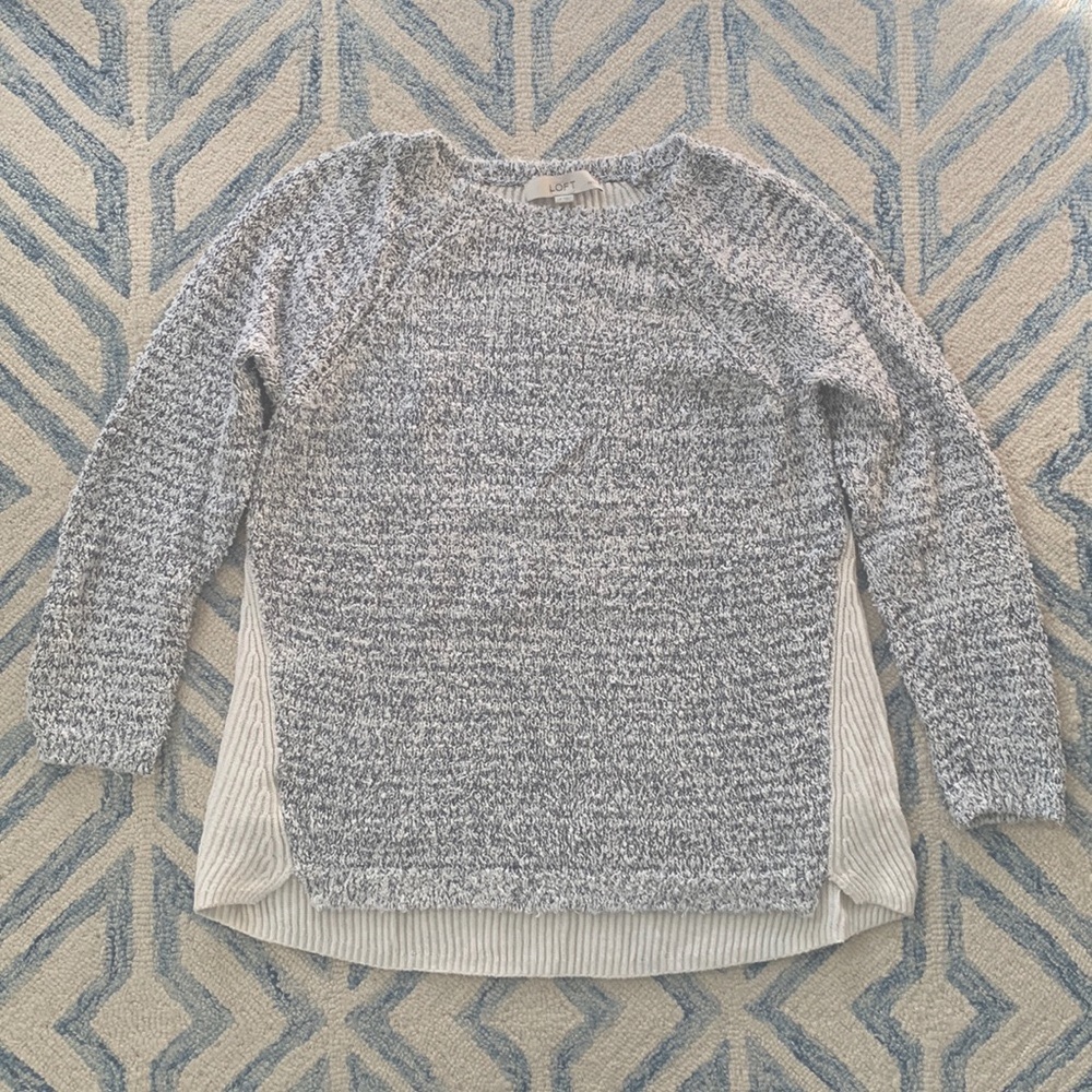 Loft Large Petite White and Navy Crewneck Sweater